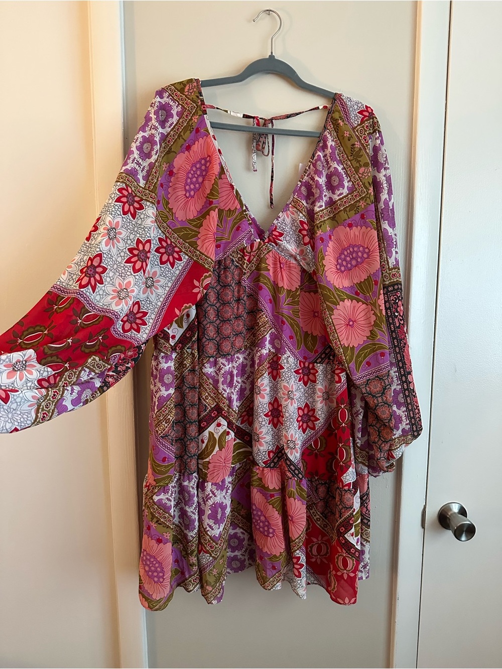 Aakaa Pink & Purple Floral Patchwork Long-Sleeve Tiered Dress